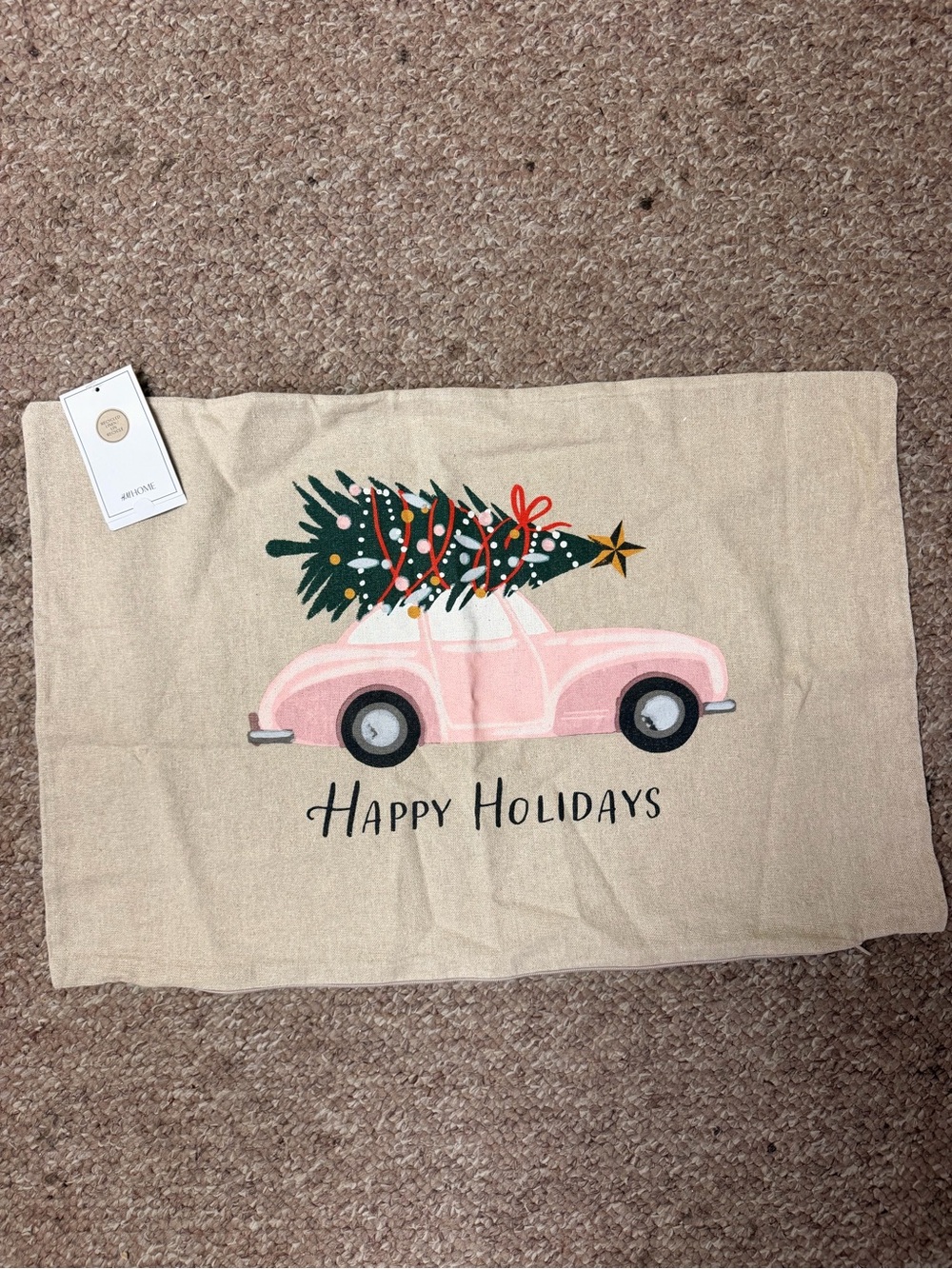 NWT H&M Christmas Holiday Pink Car LINENDecorative Pillow Cover - Happy Holidays